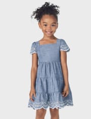 Girls Eyelet Chambray Tiered Dress - Prairie Fields