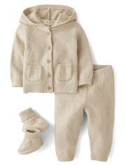 Conjunto de traje de 3 piezas de cárdigan de suéter de algodón orgánico unisex para bebé - De cosecha propia