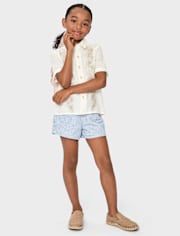 Girls Striped Linen-Blend Tie Front Shorts