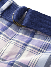 Boys Plaid Belted Chino Shorts - Lovely Lavender