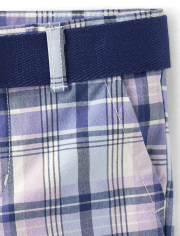 Boys Plaid Belted Chino Shorts - Lovely Lavender