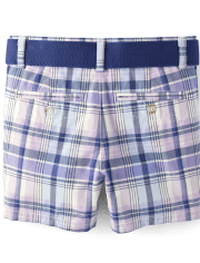 Boys Plaid Belted Chino Shorts - Lovely Lavender