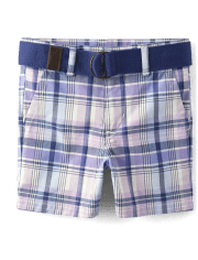 Boys Plaid Belted Chino Shorts - Lovely Lavender