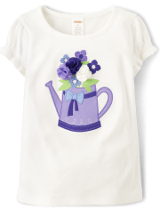 Girls Embroidered Floral Watering Can Top - Lovely Lavender