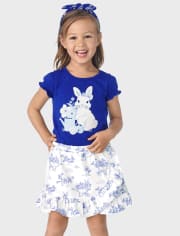 Girls Embroidered Bunny Watering Can Top - Blue Belle