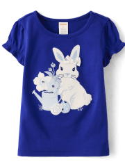 Girls Embroidered Bunny Watering Can Top - Blue Belle