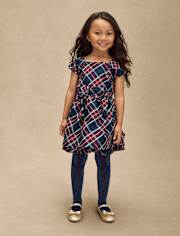 Girls Plaid Bow Ruffle Dress - Royal Christmas