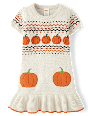 Girls Embroidered Pumpkin Peplum Sweater Dress - Autumn Adventures