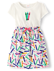 Girls Embroidered Crayon Fit And Flare Dress - Classroom Cutie
