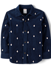 Boys Schiffli Snow Man Corduroy Button Up Shirt - Royal Christmas