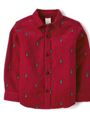 Boys Schiffli Christmas Tree Corduroy Button Up Shirt - All Dressed Up