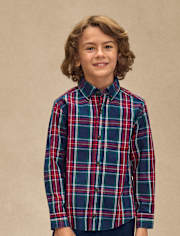 Boys Matching Family Plaid Poplin Button Up Shirt - Royal Christmas