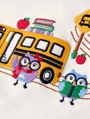 Girls Embroidered Owl School Bus Top - Classroom Cutie