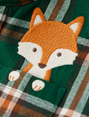 Boys Plaid Embroidered Fox Flannel Button Up Shirt - Autumn Adventures