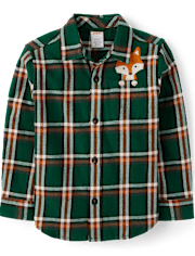 Boys Plaid Embroidered Fox Flannel Button Up Shirt - Autumn Adventures