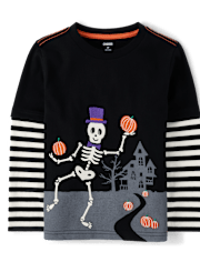 Haut superposé à motif squelette brodé pour garçon - Halloween