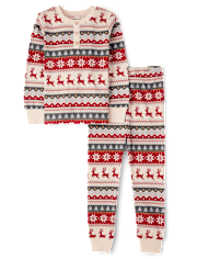 Unisex Kids Matching Family Reindeer Fairisle Henley Snug Fit Cotton Pajamas - Gymmies