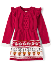 Girls Reindeer Fairisle Sweater Dress - Holiday Express