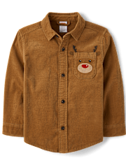 Boys Reindeer Corduroy Button Up Shirt - Holiday Express