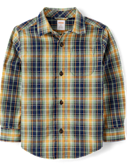 Boys Plaid Poplin Button Up Shirt - Dino Friends