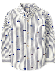 Boys Schiffli Train Oxford Button Up Shirt - Little Snowflake