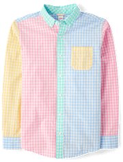 Mens Dad And Me Gingham Colorblock Poplin Button Up Shirt - Garden Party