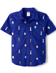 Boys Schiffli Bunny Poplin Button Up Shirt - Blue Belle