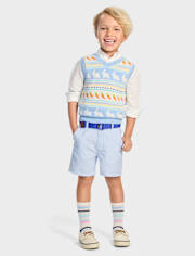 Boys Belted Seersucker Shorts - Garden Party