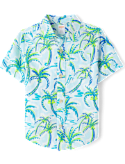 Boys Palm Tree Linen-Blend Button Up Shirt - Swim