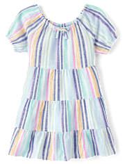 Girls Striped Linen-Blend Tiered Dress - Italian Riviera