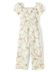 Girls Floral Smocked Jumpsuit - Blushing Blooms