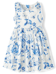 Girls Mommy And Me Floral Bird Bow Fit And Flare Dress - Blue Belle