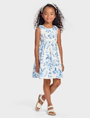Girls Mommy And Me Floral Bird Bow Fit And Flare Dress - Blue Belle
