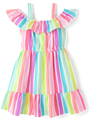 Girls Rainbow Striped Linen-Blend Off Shoulder Dress - Swim