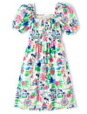Robe à smocks en lin mélangé pour femme, motif « Maman et moi » - Riviera italienne