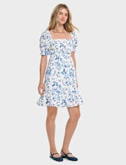 Womens Mommy And Me Floral Bird Tiered Dress - Blue Belle