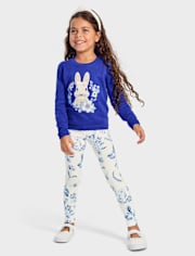Girls Embroidered Floral Bunny Sweater - Blue Belle