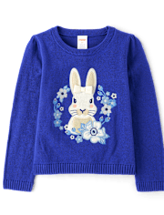 Girls Embroidered Floral Bunny Sweater - Blue Belle