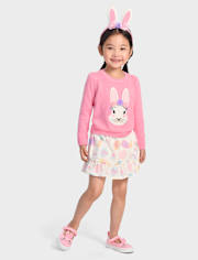 Girls Embroidered Floral Bunny Sweater - Garden Party