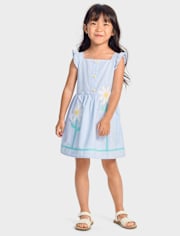 Girls Floral Applique Seersucker Fit And Flare Dress - Garden Party