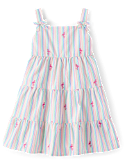 Robe à volants en seersucker brodée flamant rose pour fille - Seaside Palms