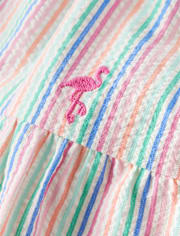 Robe à volants en seersucker brodée flamant rose pour fille - Seaside Palms