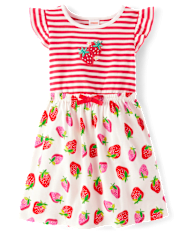 Girls Embroidered Strawberry Flutter Dress - Little Essentials
