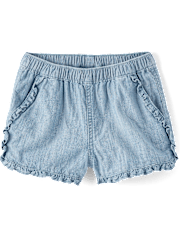Girls Chambray Ruffle Pull On Shorts - Little Essentials