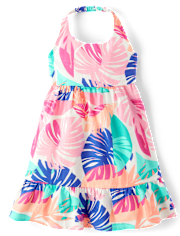 Girls Palm Linen-Blend Halter Dress - Seaside Palms