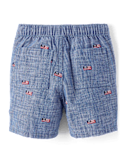 Boys Embroidered Flag Chambray Pull On Shorts - American Cutie