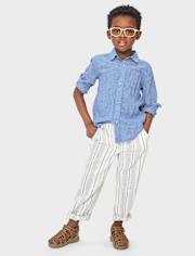 Kids Striped Roll Cuff Linen-Blend Pull On Pants