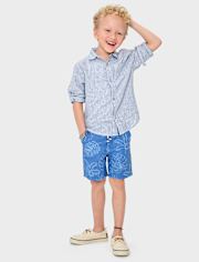 Kids Tropical Leaf Linen-Blend Pull-On Shorts