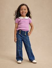Jean taille haute à boutons et jambes larges pour fille - Little Essentials