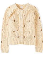 Girls Embroidered Mushroom Ruffle Cardigan - Fall Celebrations